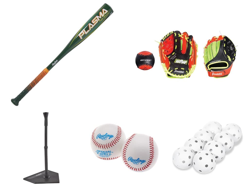 Baseball Beginner PE Kit with green bat, Franklin glove, batting tee, and practice balls.