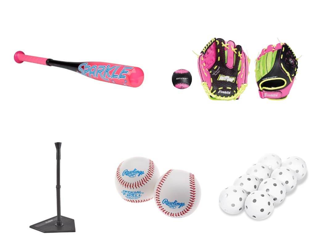 Softball Beginner PE Kit with pink bat, Franklin glove, batting tee, and practice balls.
