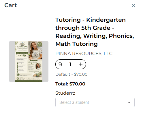 Odyssey cart with a Growing Ready Learners one-hour tutoring session. The vendor is listed as Pinna Resources, LLC, and a student dropdown is ready to select.