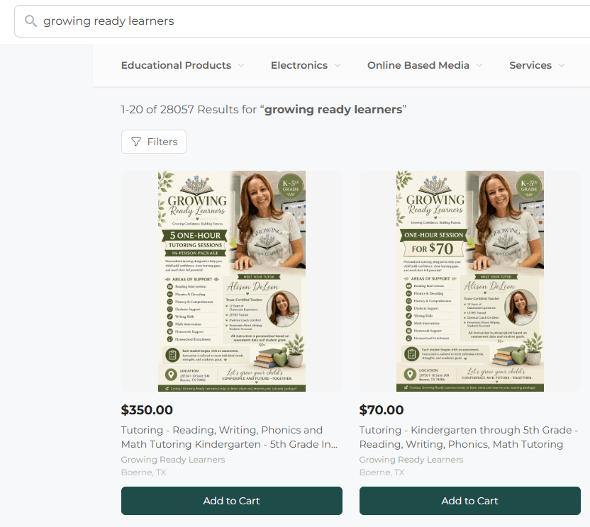 Odyssey marketplace search results for Growing Ready Learners, showing a five-session in-person package for $350 and a one-hour session for $70.