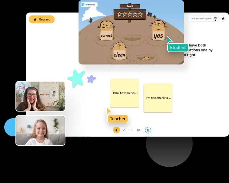 Online tutoring classroom with live teacher and student video, interactive whiteboard sticky notes, and a Wordwall learning game